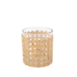 photophore en verre et cannage naturel